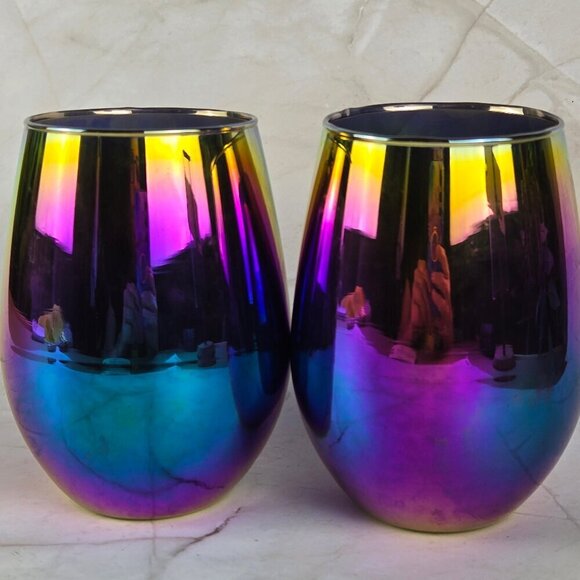 Rainbow Fusion Stemless Wine Glasses Set of 2 Glass Mirror Reflective Glass - Picture 5 of 6